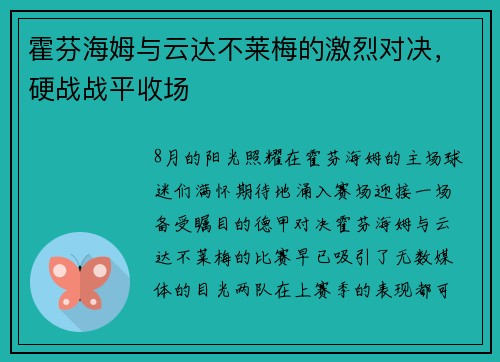 霍芬海姆与云达不莱梅的激烈对决,硬战战平收场