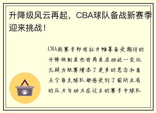 升降级风云再起,CBA球队备战新赛季迎来挑战!